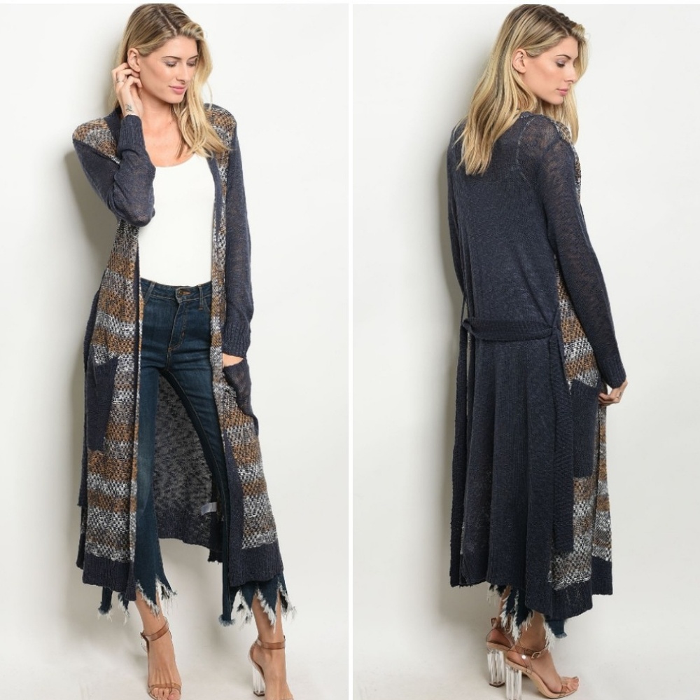 🆕️ NAVY MIX STRIPE POCKET MAXI SWEATER CARDIGAN